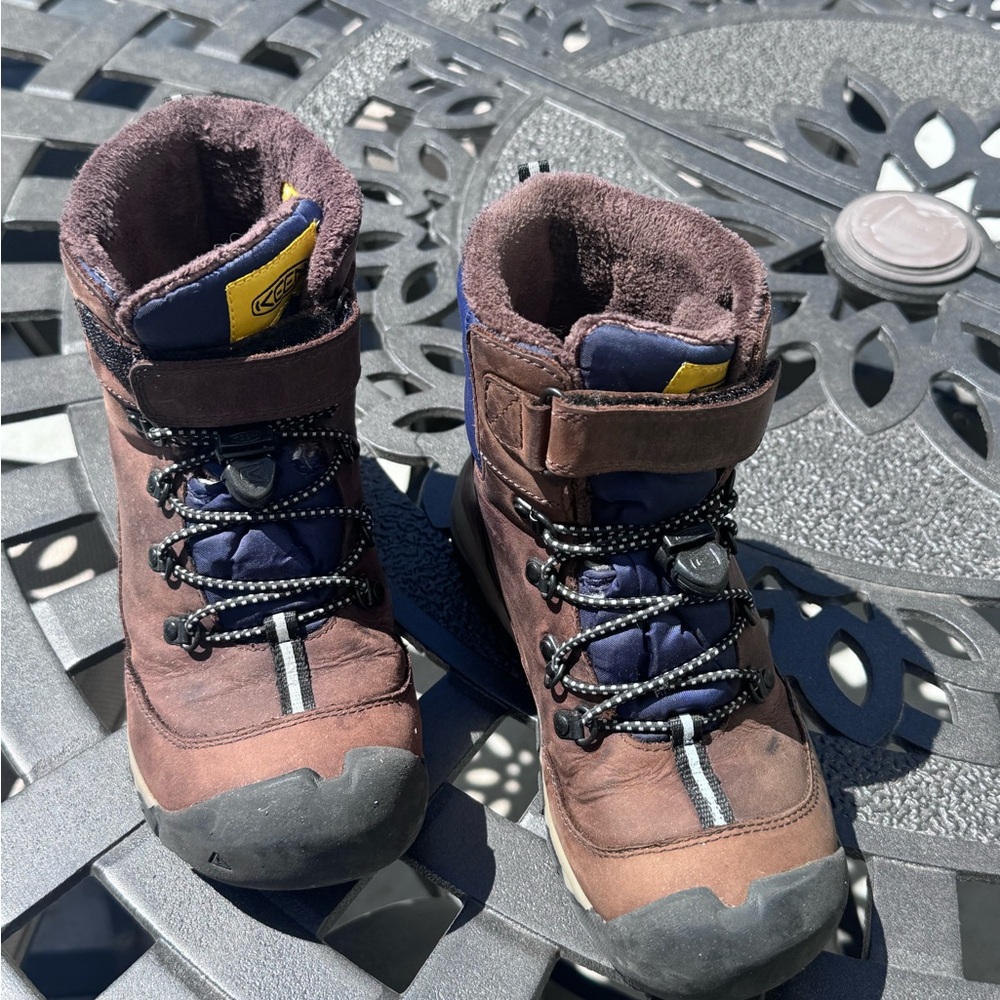 Kids Brown Leather Waterproof Boots with Navy Accents - Outdoor Warmth